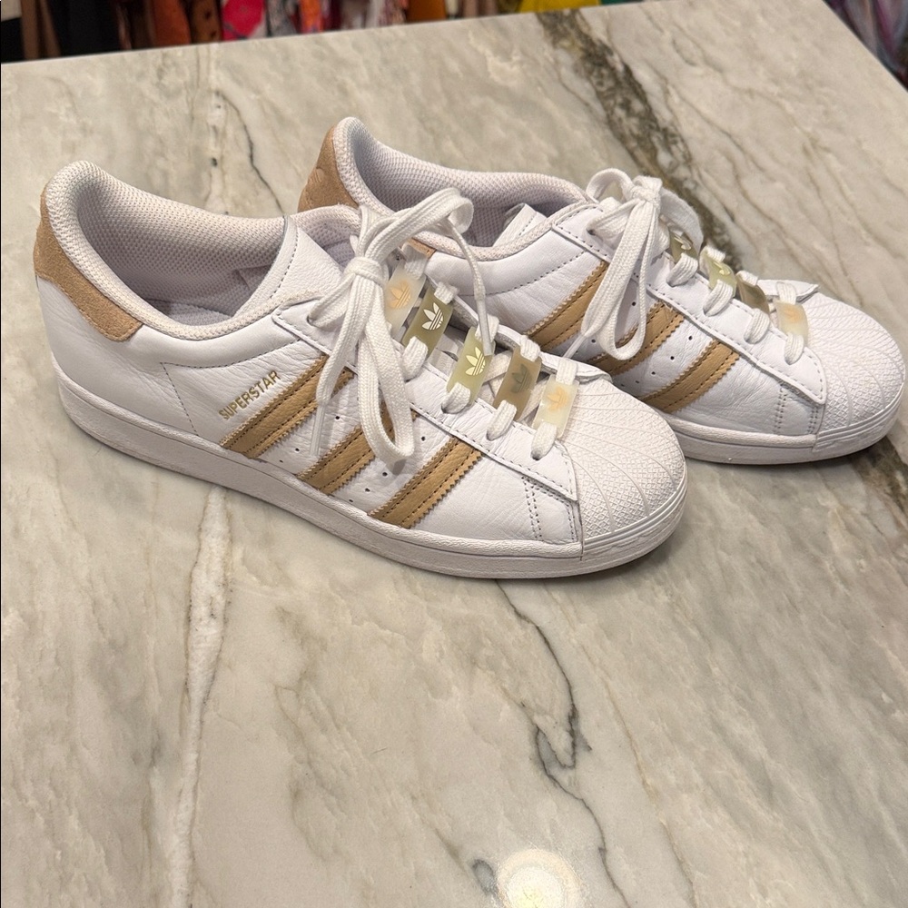 Adidas Women's Superstar White and Tan Sneakers Size 7.5- Worn 1x